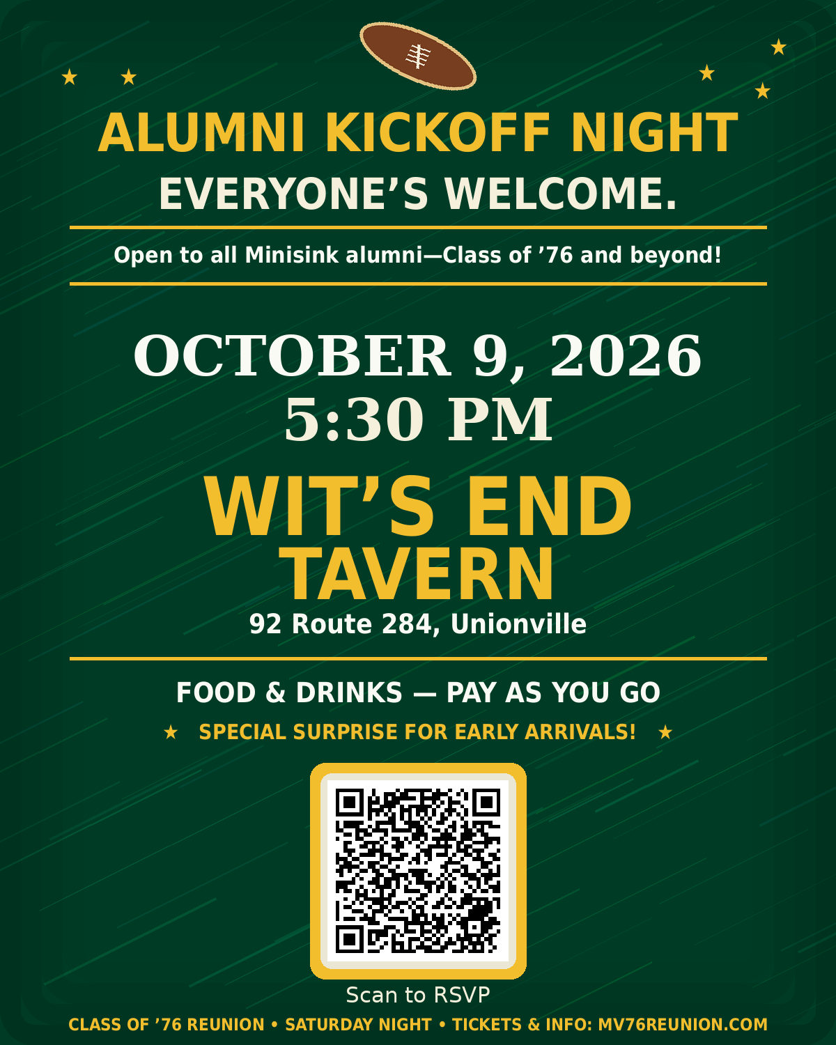 Wit’s End alumni kickoff night poster for Friday, October 9, 2026